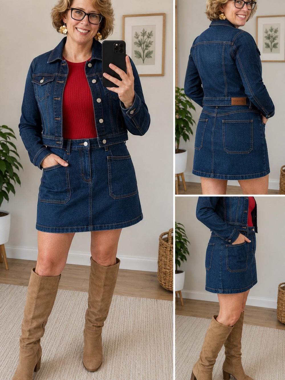 SIDEFEEL XL Dark Wash Denim A-Line Mini Skirt Patch Pockets Stretch